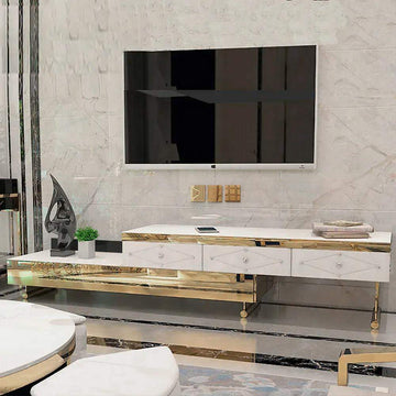 White TV Stand Tempered Glass Top Extendable Entertainment 3-Drawer Cabinet in Gold-Richsoul-Furniture,Living Room Furniture,TV Stands
